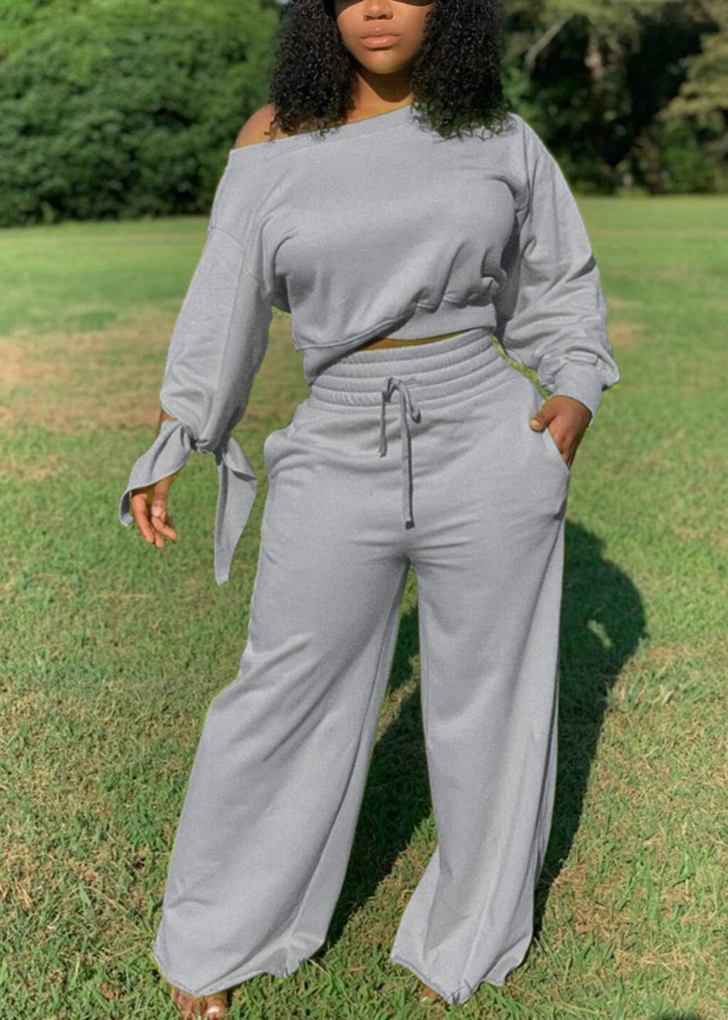 Women'S Solid Sweatsuit Set 2 Piece Long Sleeve Pullover and Drawstring Sweatpants Sport Jumpsuits Outfits Tracksuit Sets