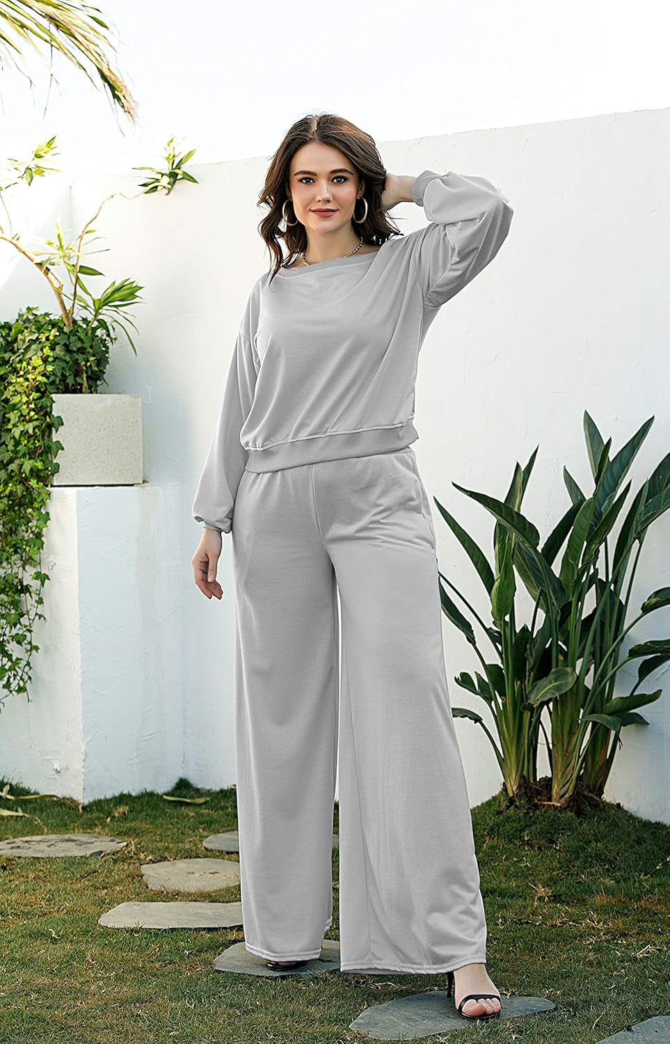Women'S Solid Sweatsuit Set 2 Piece Long Sleeve Pullover and Drawstring Sweatpants Sport Jumpsuits Outfits Tracksuit Sets