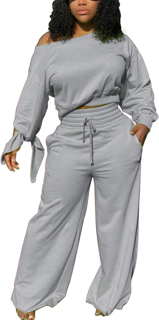 Women'S Solid Sweatsuit Set 2 Piece Long Sleeve Pullover and Drawstring Sweatpants Sport Jumpsuits Outfits Tracksuit Sets